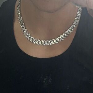 12mm Iced Out Cuban Link Chain Necklace Silver Tone Half Moissanite 18”
